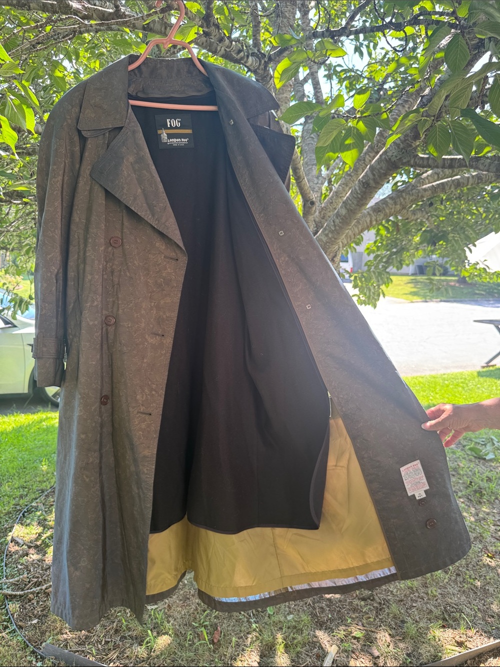 London Fog Olive Brown Trench Coat with bluish sheen & Black Interior